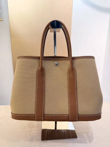 HERMES GardenParty30 帆布拼小牛皮手提包
